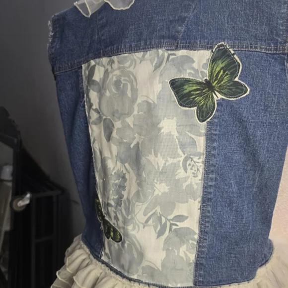 Upcycled Denim Vest with Ruffle Trim and Butterfly Patch Size Medium - Picture 8 of 11